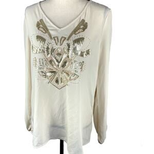 BKE Boutique Chiffon Blouse Shirt Long Slit Sleeve Cream Beaded Top Womens Med
